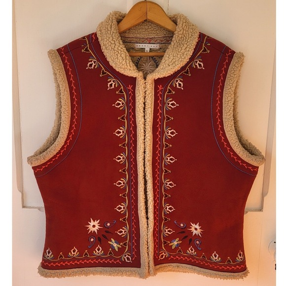 Vintage Red Embroidered Sherpa Vest Boho HIppie Size XL - Picture 6 of 16
